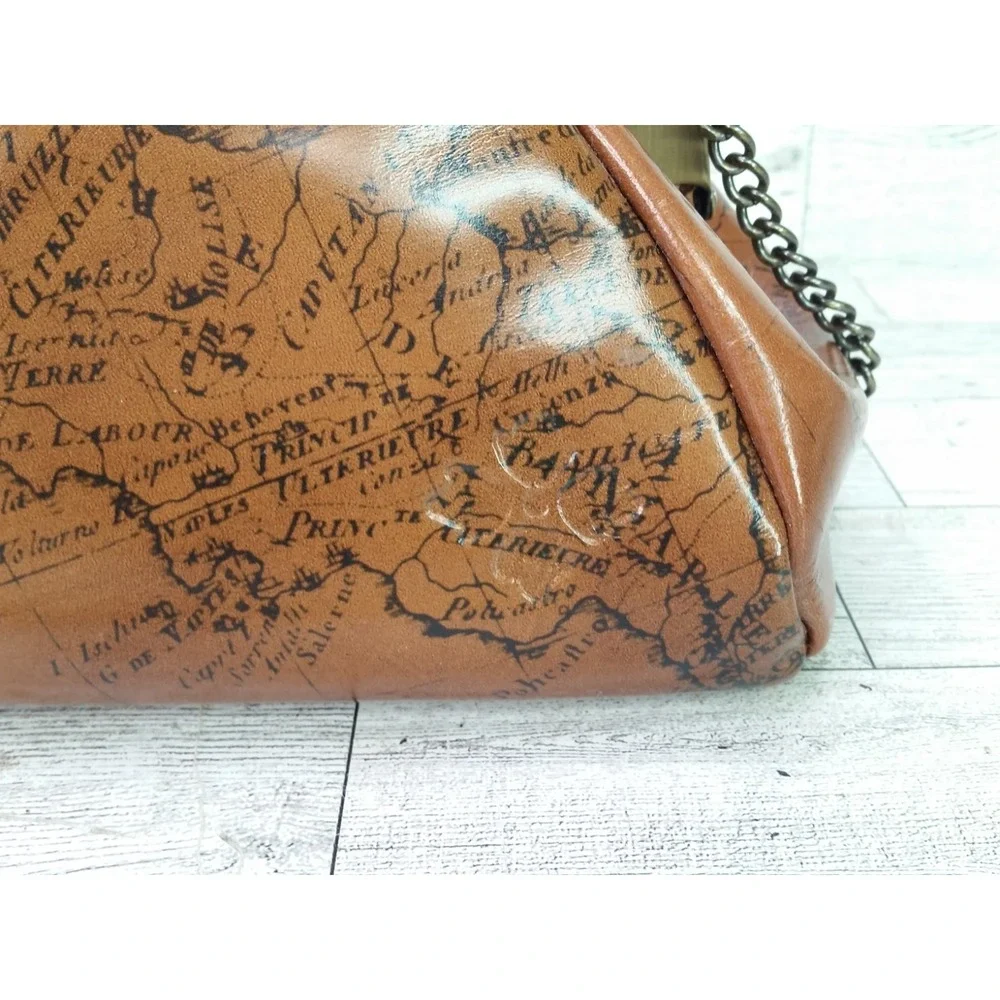 Patricia Nash Mia Leather Shoulder Bag Map Design Framed Satchel Kisslock Brown